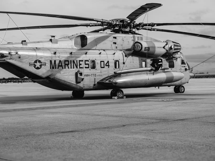 A large marine helicopter on the ground.